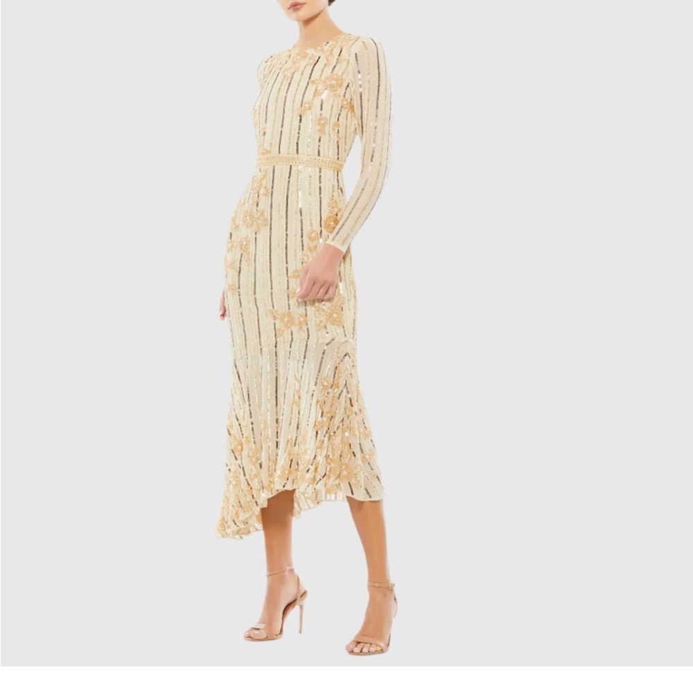 Mac Duggal gold, long sleeve embellished, tea length dress size 14